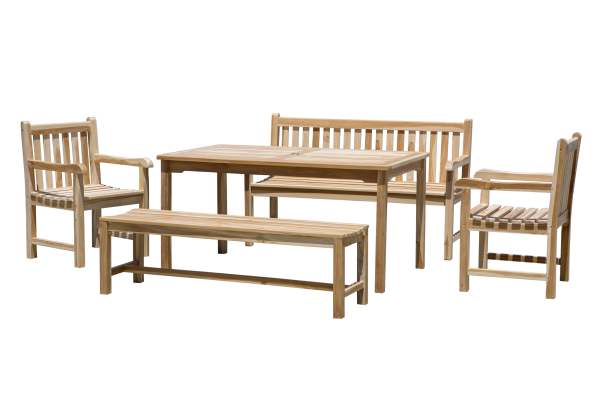 Möbilia Sitzgruppe 2 x Armlehnstühle + 2 x Bänke + 1 Tisch Teak natur