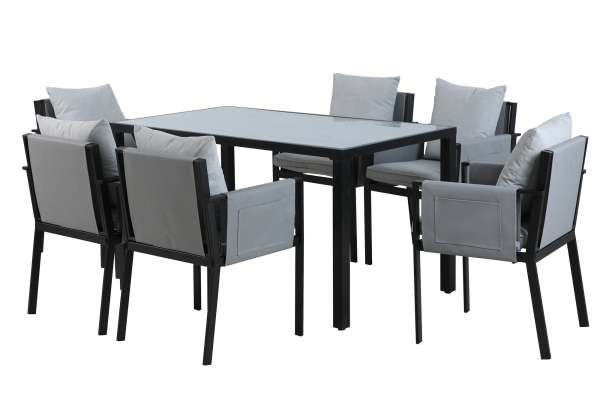 Möbilia Essgruppe 1 x Esstisch + 6 Stühle inkl. Sitz- und Rückenkissen Stahl/Glas