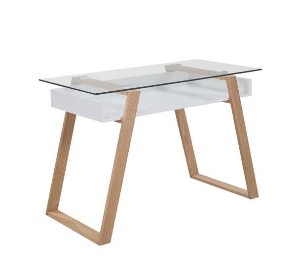 SalesFever Schreibtisch Weiß mit Glasplatte Eichengestell 110x55x75 cm